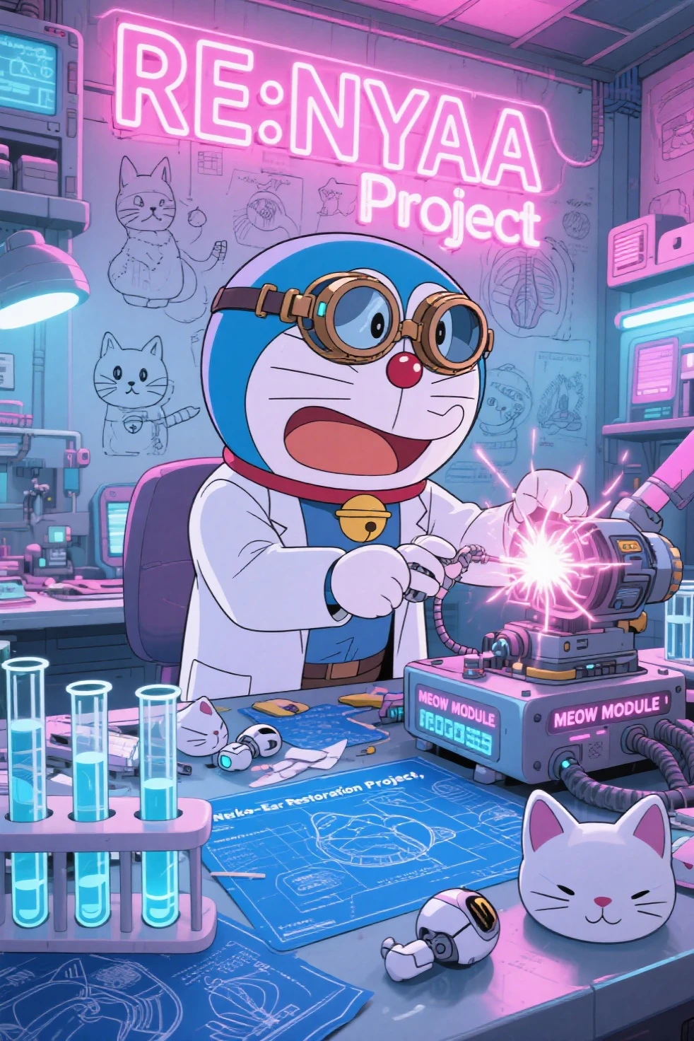 anime-style full body shot, Doraemon in a high-tech lab, wearing oversized steampunk goggles and a white lab coat over his round blue body, standing at a cluttered workbench filled with glowing test tubes, blueprints titled “Neko-Ear Restoration Project,” robotic cat ear prototypes scattered around, one ear sparking dramatically, Doraemon intensely adjusting machinery labeled “MEOW MODULE,” walls covered with sketches of cat , comedic determination on his face, a pink neon sign reading “RE:NYAA Project” glowing in the background, cartoonish tech style, vibrant lighting, ultra-detailed, pastel sci-fi lab aesthetic, best quality