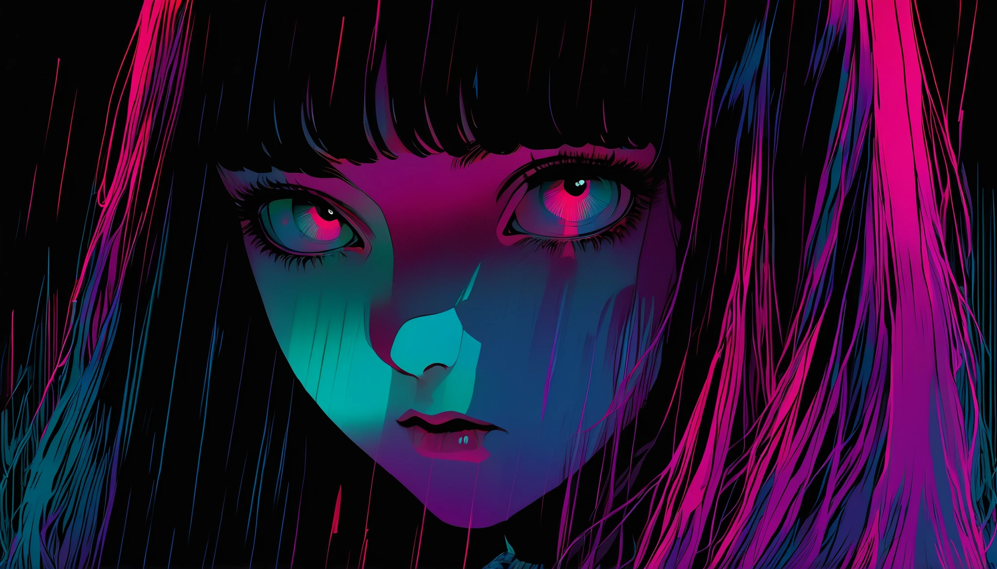 illust、art、from 80s horror movie, directed by Junji Ito、exorcist、high detail, realsitic shadow、Analog style, vhs style, 8mm film, chromatic aberration, Complementary color gradient,病院、 (ナース服の女:1.0)、