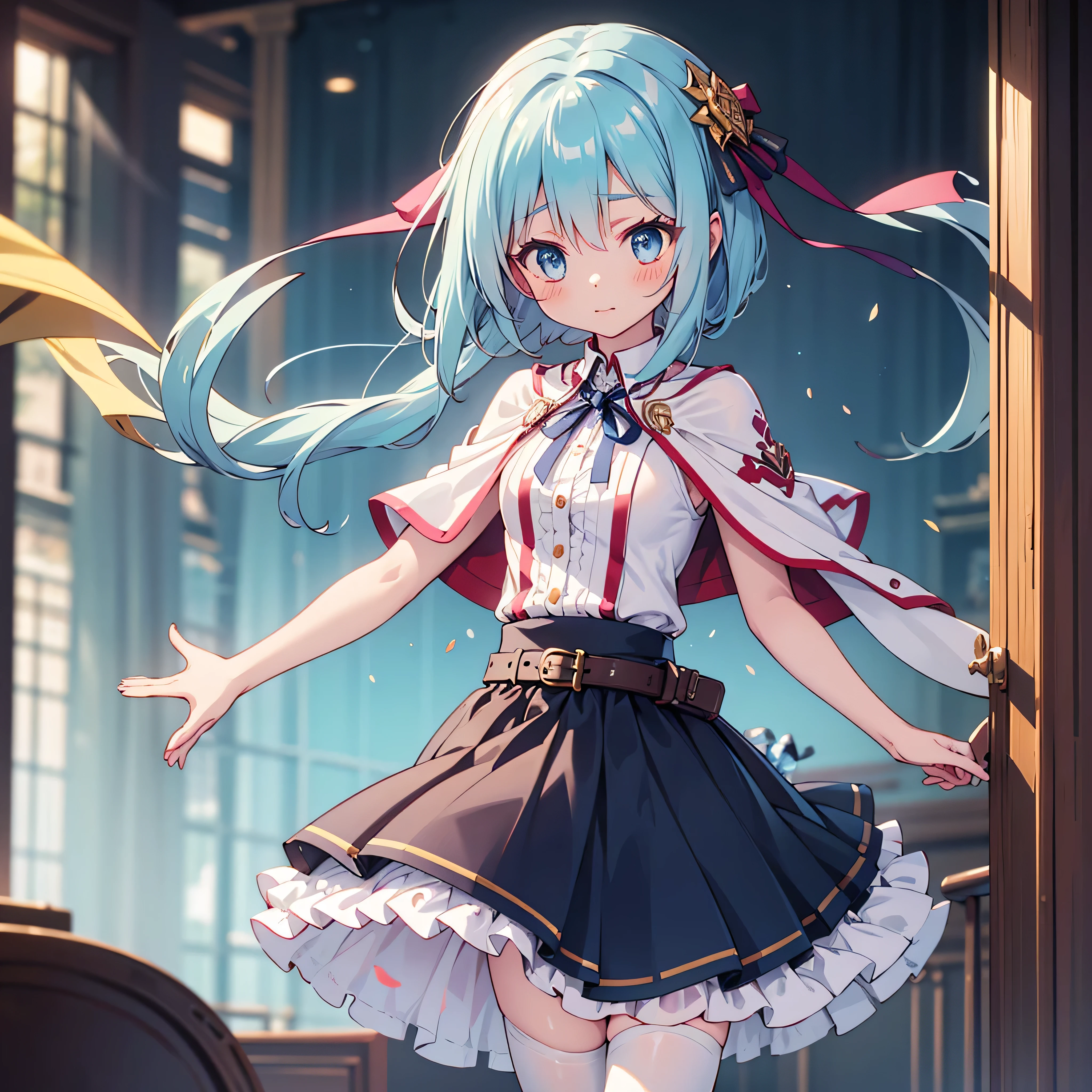 masterpiece, best quality, flugel enchantress girl,sfw sexy, fantasy anime style, She wears a white sleeveless dress, with golden buttons, and accents. The skirt has multiple layers, one frilled, one pleated, and a straight one on top. She wears a capelet, sharing design with her dress. She has a navy blue square-end tie. She wears a pair of separated loose poet sleeves, white with golden accents, and ribbons across the side, longer than her arms, each tied with a navy blue ribbon. She wears white tights, with golden vertical lines, and a pair of white high heels, with a ribbon on each. There seems to be a black belt with a white pistol holster under her dress' skirt.