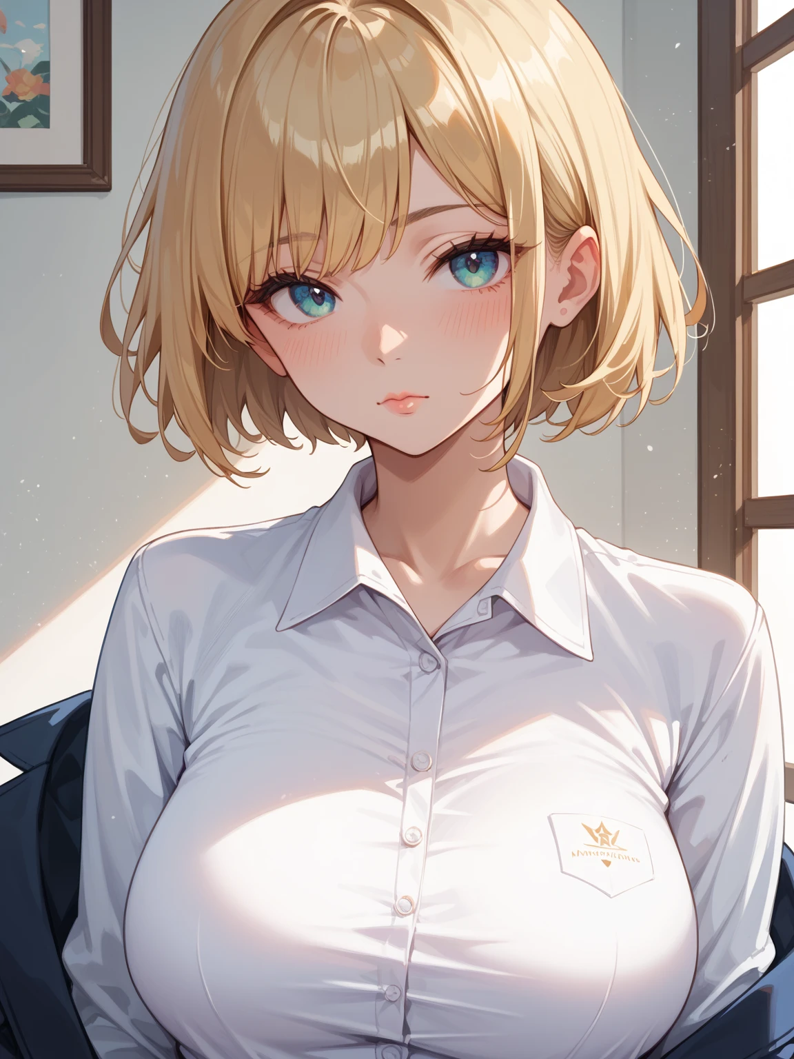 , , Blonde hair, high quality, masterpiece, a japanese girl, body blush, short hair, looking at viewer,clothed, tight shirts, suits