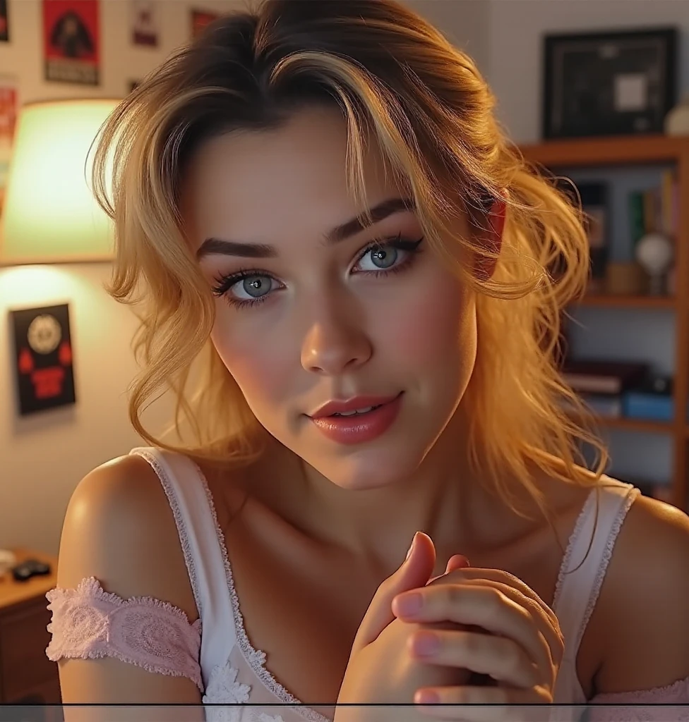 whier yogot on face and breasts, ( medium breasts, ,highres,realistic) A girl in bed, Alexa Bliss, squishing her breast with both hands. The focus should be on her beautiful detailed eyes and lips, with long eyelashes. The lighting should be soft and romantic, casting a warm glow on her face. The image should be ultra-detailed and have a sharp focus, capturing every nuance of her expression. The colors should be vivid and realistic, enhancing the photorealistic quality of the image. The overall style should be a combination of portraiture and art photography, highlighting Alexa's beauty in a sensual and tasteful way.