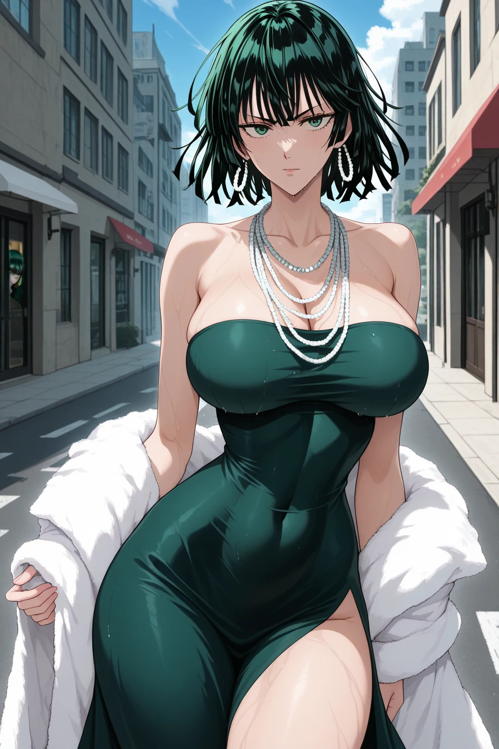 1girl, (solo:1.2), curvy, (masterpiece:1.2), (best quality:1.2), (perfect anatomy:1.4), (standing:1.4), (confident:1.2), smile, (large breasts:1.4), (cowboy shot:1.2),, <lora:Fubuki [nochekaiser881 - v1.0]:1> fubuki, black hair, green eyes, short hair, black dress, dress, high collar, jewelry, necklace, off shoulder, taut clothes, taut dress, (city center:1.3), (tokyo:1.2), highrise buildings, daylight, on the street, cars,, <lora:Modeseven [MockAi - v1.0]:0.8> modeseven, (super curvy:1.3), comic style, (vibrant colors:1.2), (huge breasts:1.1)