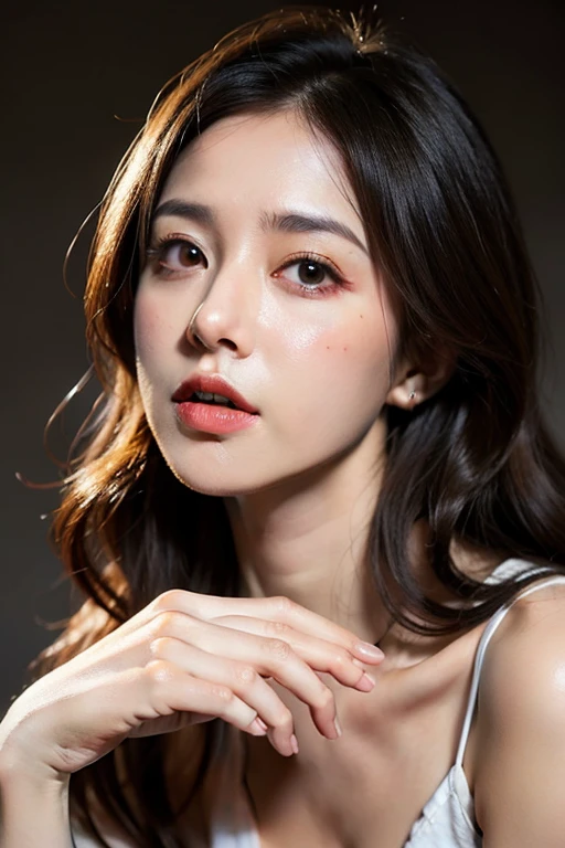 8K Ultra HD、RAWphotograph、モデルphotograph撮影、Asian race, European laces, (masterpiece, Highest quality, photoGenuineistic, High resolution, photograph: 1.3), close, focus on, Hot Model, slim, 40 year old mature woman、Small face、Shortcuts、Dark brown hair、Beautiful eyes in every detail、Genuineな肌, (Perfect body), Sexy hot face, erotic, sexual sight, slim, Sweat top, Beautiful eyes in every detail、Glossy Lips、Small breasts、、Bust B cup、((Bright light、Dynamic Lighting、Genuine、超Genuine、 Genuineism、Genuineistic details、Cool Beauty、Cool pose、Background gray、Plain gray background