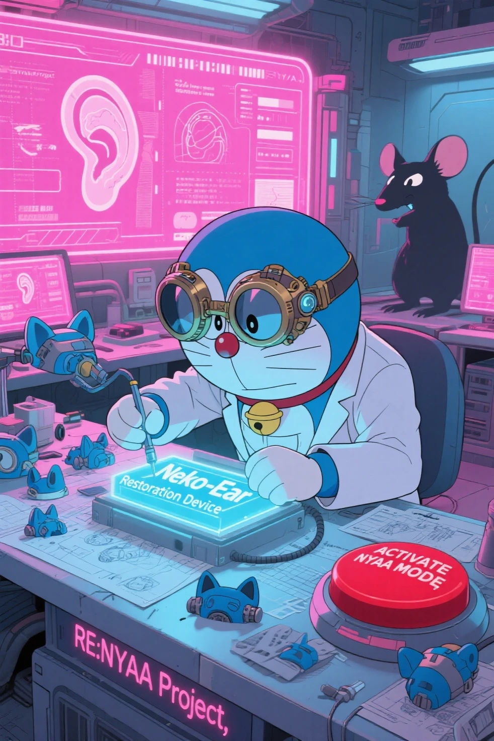 anime-style full body shot, Doraemon in a high-tech lab, wearing oversized steampunk goggles and a white lab coat over his round blue body, standing at a cluttered workbench filled with glowing test tubes, blueprints titled “Neko-Ear Restoration Project,” robotic cat ear prototypes scattered around, one ear sparking dramatically, Doraemon intensely adjusting machinery labeled “MEOW MODULE,” walls covered with sketches of cat , comedic determination on his face, a pink neon sign reading “RE:NYAA Project” glowing in the background, cartoonish tech style, vibrant lighting, ultra-detailed, pastel sci-fi lab aesthetic, best quality
