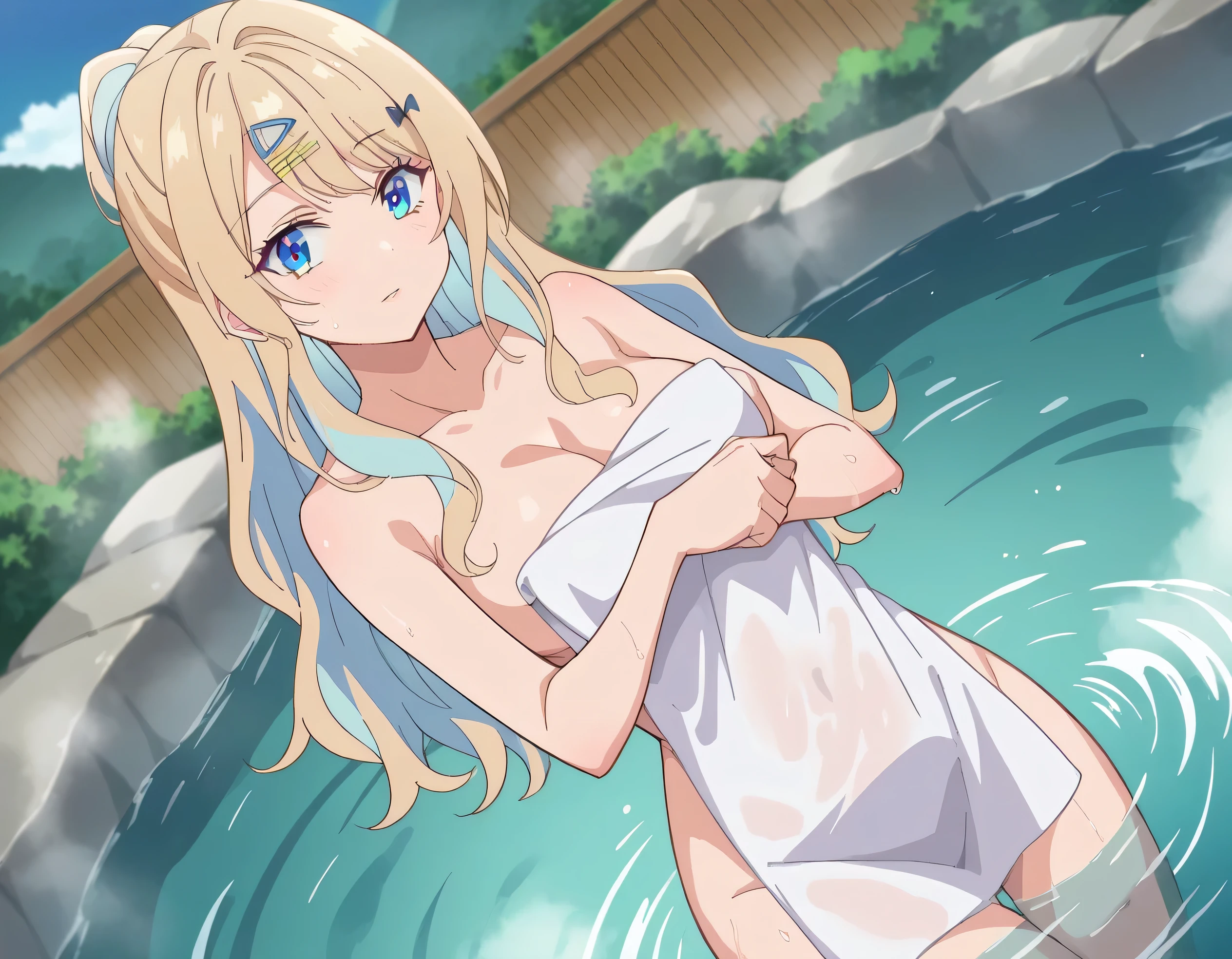 score_9, score_8_up, score_7_up, source_anime,
lunashirakawa,
luna shirakawa, long hair, blue eyes, blonde hair, hair ornament, bow, multicolored hair, hairclip,
nude, naked,
outdoors, onsen, towel, naked towel, steam, bathing, nude cover, partially submerged, water, bath, steam censor, wet towel,
looking at viewer, dutch angle, cowboy shot,