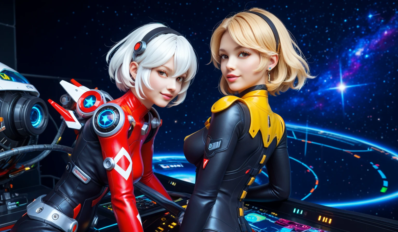 2 female robots holding disco ball, robot bees flying around, robot unicorn, 1 white skin, 1 brown skin, estilo do daft punk, sorayama style, blonde long hair, space background,