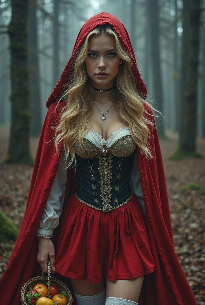 (realistic:1.3), finely detailed, quality, rembrandt lighting, (masterpiece:1.2), (photorealistic:1.2), (best quality), (detailed skin:1.3), (intricate details), dramatic, ray tracing, 1girl, american girl, parted lips, long hair curls, 21 years old, medium breasts, cowboy shot, (red hood, cape, corset, dress, red skirt), fruit basket, (dense forest, tall trees,rays of sunlight), <lora:LittleRedHood_character:0.8>