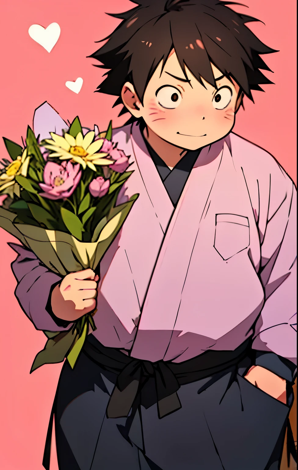 Create an anime-style illustration of Haruyuki Arita from Accel World, reimagined as a Genin from the Akimichi clan in the Naruto universe. He is a charming and confident age ninja, with a soft, round face and expressive eyes that reflect determination and kindness. His body is slightly chubby, in line with the proud physique of the Akimichi clan, but he carries himself with self-assurance and pride. A cute anime-style illustration of Haruyuki Arita from Accel World, dressed up for a spring festival inspired by the Naruto universe. He looks excited and a little shy, holding a bouquet of flowers and a stack of pink heart-shaped cards. Around him, lots of hearts , ((SOLO))