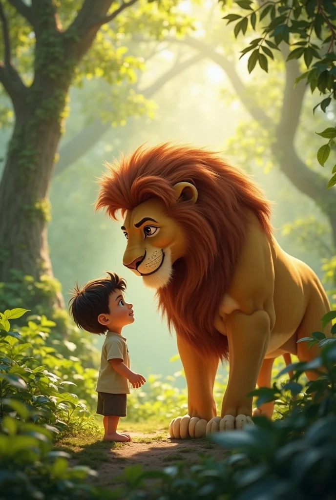 A boy with lion in jungle Around some other animal