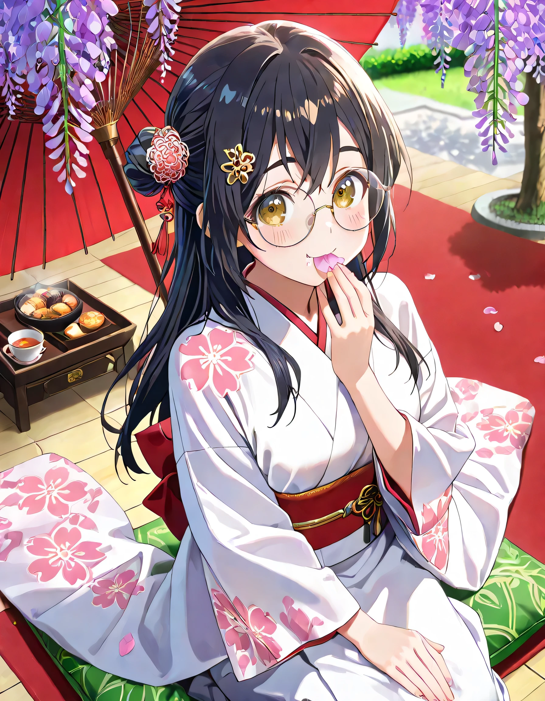 ((ultra-detailed)), (highly detailed CG illustration), (best quality:1.2), ultra-highly detailed, colorful composition, artistic photoshoot, 1girl, solo focus, upper body:1.3, Japanese moe anime character, girl, dainty facial structure, round face, rounded chin:1.2, short stature, thick eyebrows, half updo, sagging eyes, long hair, black hair:1.3, brown eyes, (wearing glasses:1.3), (round eyewear:1.3), half updo, gentle smile:1.3, (eating Japanese sweet bun with green:1.4), japanese style handleless teacup with green, steam, delicious:1.3, steam:1.3, delicious:1.3, pink ankle-length long furisode costume with gorgeous floral pattern:1.3, red obi with golden decorations, red Japanese ornate hairpin with golden decoration, ample breasts, cleavage:1.2, ariza, seiza, Sitting with a cushion on top of the red carpet, Japanese-style outdoor garden, Japanese-style umbrella, Japanese Tea ceremony, beautiful detailed sky, wisteria blossom petals, wisteria frowers, row of wisteria trees, breeze, petals dancing, from above, expecting, pink cheek, blush, palepink lips, portrait, depth of field, soft lighting, sidelighting, shine, lighting, caustics, ray tracing, smile, perfect face, lustrous skin, highly  detailed face, highly detailed eyes, perfect face, perfect nose, perfect hair, perfect eyes, perfect anatomy, beautiful hair, beautiful small face, extremely detailed face, beautiful detailed eyes, beautiful clavicle, beautiful body,  beautiful fingers, 4 fingers, 1 thumb, lovely, very detailed background:1.0, highly detailed background:1.0, spring aesthetic, intricate details, solemn serene and respectful atmosphere, spring colors palette, chromatic aberration