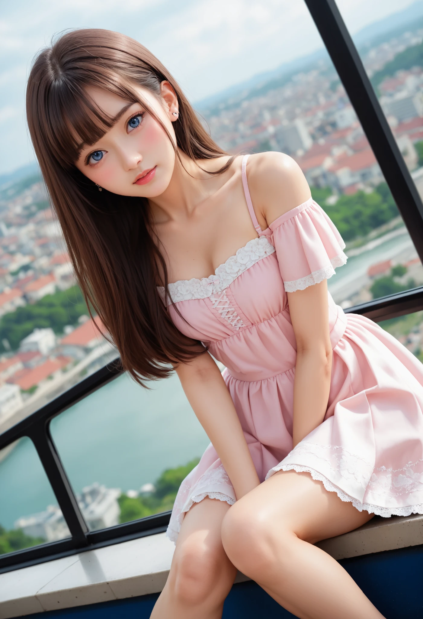 (masterpiece, best quality, perfect face:1.4), wide angle, medium breasts, proportional body, proportional,1 girl, beautiful hair, beautiful face, beautiful detailed eyes, beautiful clavicle, beautiful body, beautiful chest, beautiful thigh, beautiful legs, beautiful fingers, looking at viewer, BREAK, 40 year old female, hand between legs,  slim, solo, small breasts, dark blue eyes, embarrassed,  blush, Brown Hair, blunt bangs, long hair, Short sleeve、white open shoulder blouse sitting on a cliff overlooking the city at night、salmon pink chiffon skirt, (midi length skirt:1.2),   pumps, detailed cloth texture, thin legs, train station, Blurry background with, station in the background while sitting on a train station seat, blush, skirt around leg, textured skin, HDR, good hands,