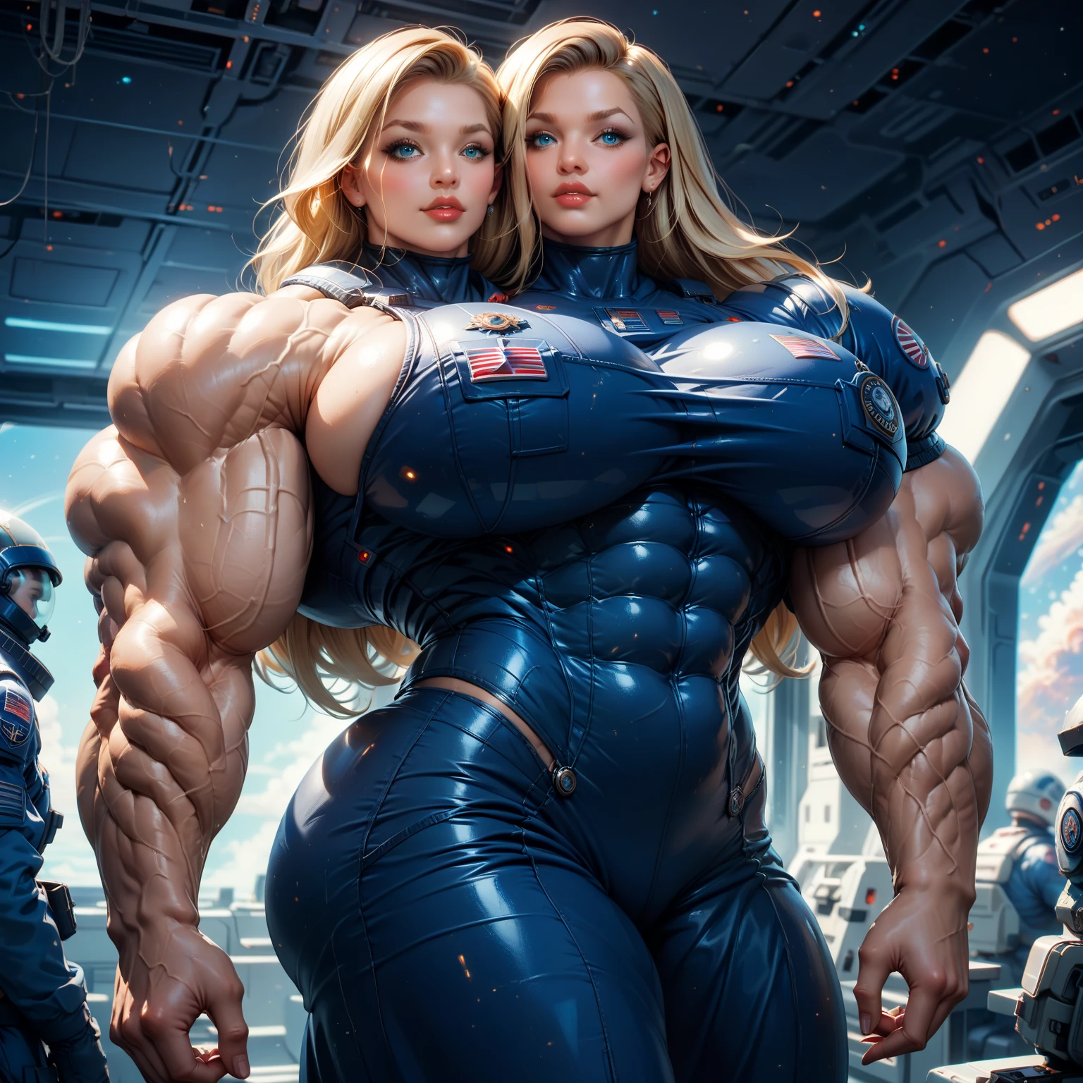 two women with muscular bodies posing for a picture in a gym, beautiful sci - fi twins, feminine and muscular, muscular and terrifying, muscular warrior women, steroids, muscular characters, extreme muscles, very beautiful. big muscles, bodybuilding woman, exaggerated physique, muscular bodies, ultra high detail digital art, alena aenami and lilia alvarado, beautiful gemini twins