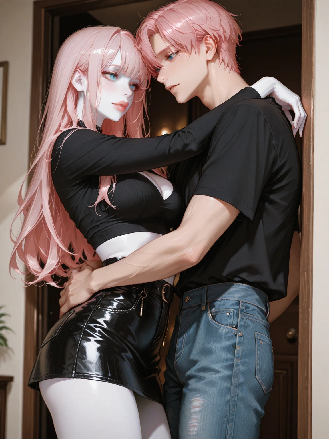 (8k, 4k, high resolution,masterpiece, best quality:1.3, anime style), (((( a girl and boy having sex )))), nice hands, cowboy shot, upper body, flirting, 18yo, beautiful hips, pink hair, straight hair, party hair, hazel eyes, front layers hairstyle, thick thigh, pink eyes, ((sharp focus)), ((((having doggystyle sex))))