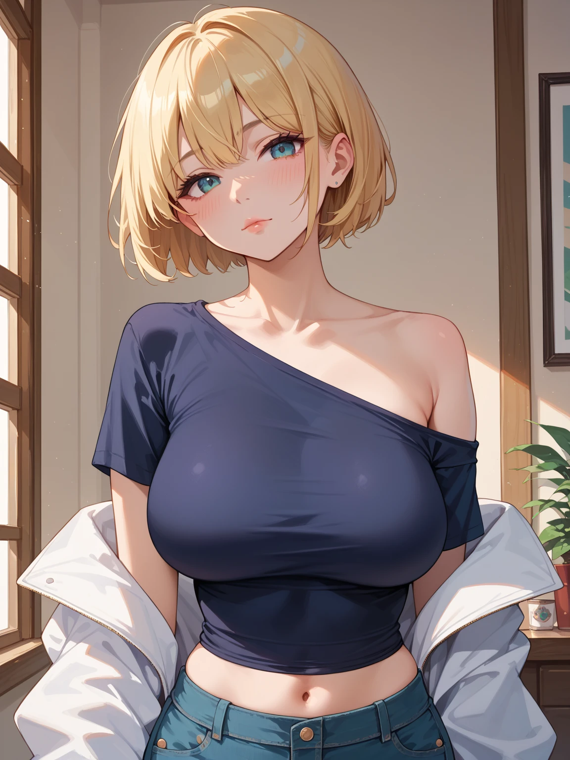30 years old woman, milf, beautiful, short blonde hair, crimson eyes, pale white skin, amazing Body, big breasts, thick thighs, milkmaid, super micro small transparent open dress, without bra, pose simple, blurred background. No blur lines, perfect lines and details, (masterpiece), clothes barely covers her skin. No panties, perfect detailed colors and shadows, full body picture. Erotic woman, ((half naked)), most erotic and sexy girl on the planet, nsfw, most beautiful face, deep cameltoe, showing nipples