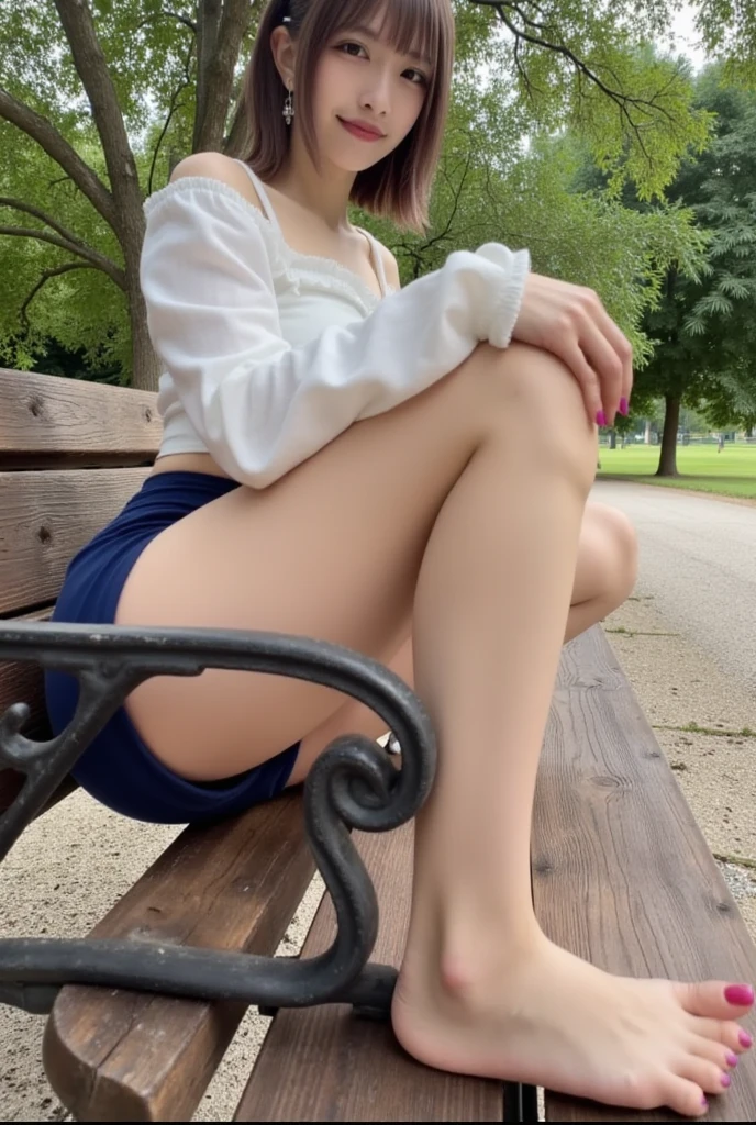 1girl, 18 year old, Completely naked, small breasts, ((open the thighs)), ((whole body)), from front, on a bench in a city park, various poses