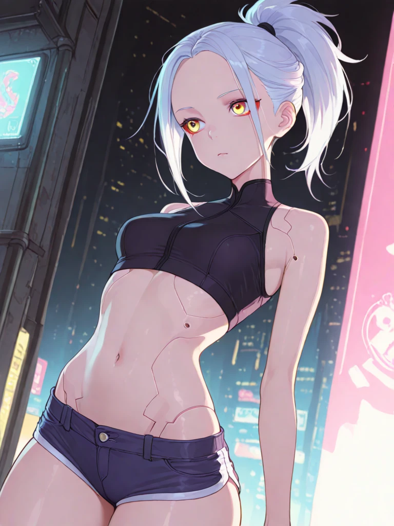 girl sporty,((attractive girl)),

(large breasts:1.4),saggy breasts,(((white hair:1.4,white ponytail hairstyle:1.5,very long hair:1.5))),((heterochromia:1.5, (orange_eye and pink_eye))),intricate eyes,beautiful detailed eyes,symmetrical eyes,((fat))(((lustrous skin:1.5,bright skin: 1.5,skin tanned,shiny skin,very shiny skin,shiny body,plastic glitter skin,exaggerated shiny skin,illuminated skin, wet legs))),(spider lower abdomen,narrow waist,wide hip,athletic body,inflated legs,detailed body,(detailed face)),

cute,slutty,seductive,erotic,(((nsfw))),

revealing clothing,show skin,with micro clothes,almost totally naked,with little clothing,(tiny thong),generous neckline,((tight sports bra, tight sports thong,((orange and black clothes)))),(((underboob))),((wet clothes,intricate outfit,intricate clothes)),

(dynamic pose:1.0),embarrassed,(centered,scale to fit dimensions,Rule of thirds),

cyberpunk city by the ocean at night, with bright neon signs and dark stormy clouds and puddles, scenery:1.25,

artistic photography,(photography taken by sldr),highres, sharp focus, (ultra detailed, extremely detailed), (photorealistic artwork:1.37),(extremely detailed CG unity 8k wallpaper),((synthwave background theme)),(((vibrant colors))),(intricate background),(masterpiece),(best quality),