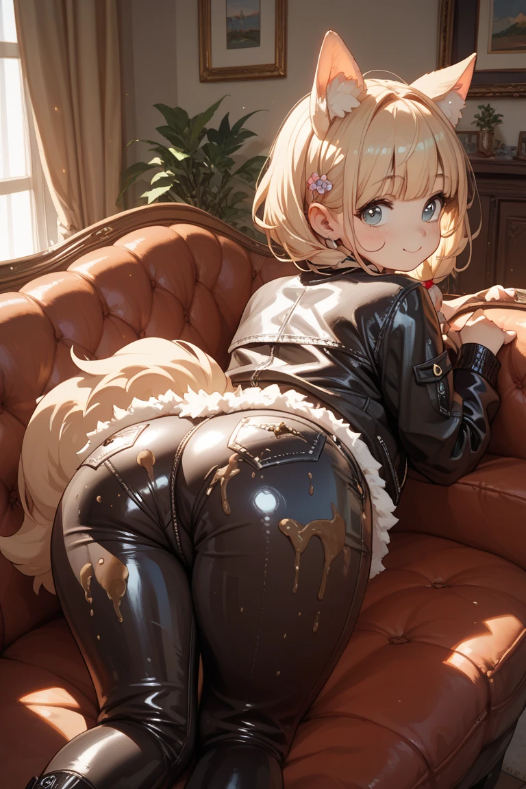 ((32k)), ((best quality)), ((ultra high res)), ((HDR)), ((UHD)), ((extremely detailed CG)), ((unity 32k wallpaper)), (1girl), ((14 years old)), (ideal ratio body proportions), very long hair, (breasts), looking at viewer, blush, smile, bangs, thighhighs, bow, holding, cleavage, jewelry, (((golden bikini))), ((medium breasts)), closed mouth, standing, swimsuit, (golden hair), short sleeves, bikini, ((cowboy shot)), earrings, frills, food, black thighhighs, indoors, bowtie, cup, puffy short sleeves, wrist cuffs, grey eyes, thigh strap, detached collar, side-tie bikini bottom, thigh gap, table, single thighhigh, plate, tray, teacup, cake, bridal garter, holding tray, cake slice, (night), ((fro, m below)), (((((from behind))))), (((Leaning forward))), ((nsfw))