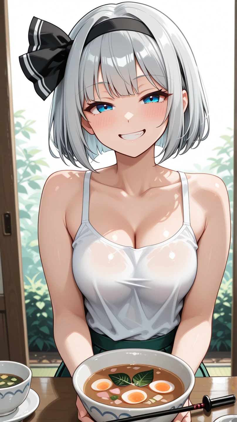 masterpiece, best quality, fiona frost, looking at viewer, large breasts, upper body, portrait, looking at viewer, seductive smile,put your hands behind your head, armpits, armpits visible, sweaty armpits, short hair, white hair, wearing white bikini