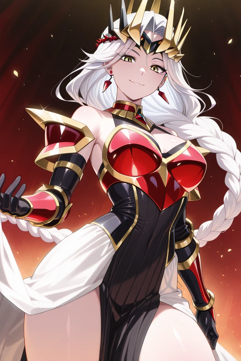 Ceazy anime woman, pale skin with dead white eyes, extreamly ling hair held in a single braid, crazy smile