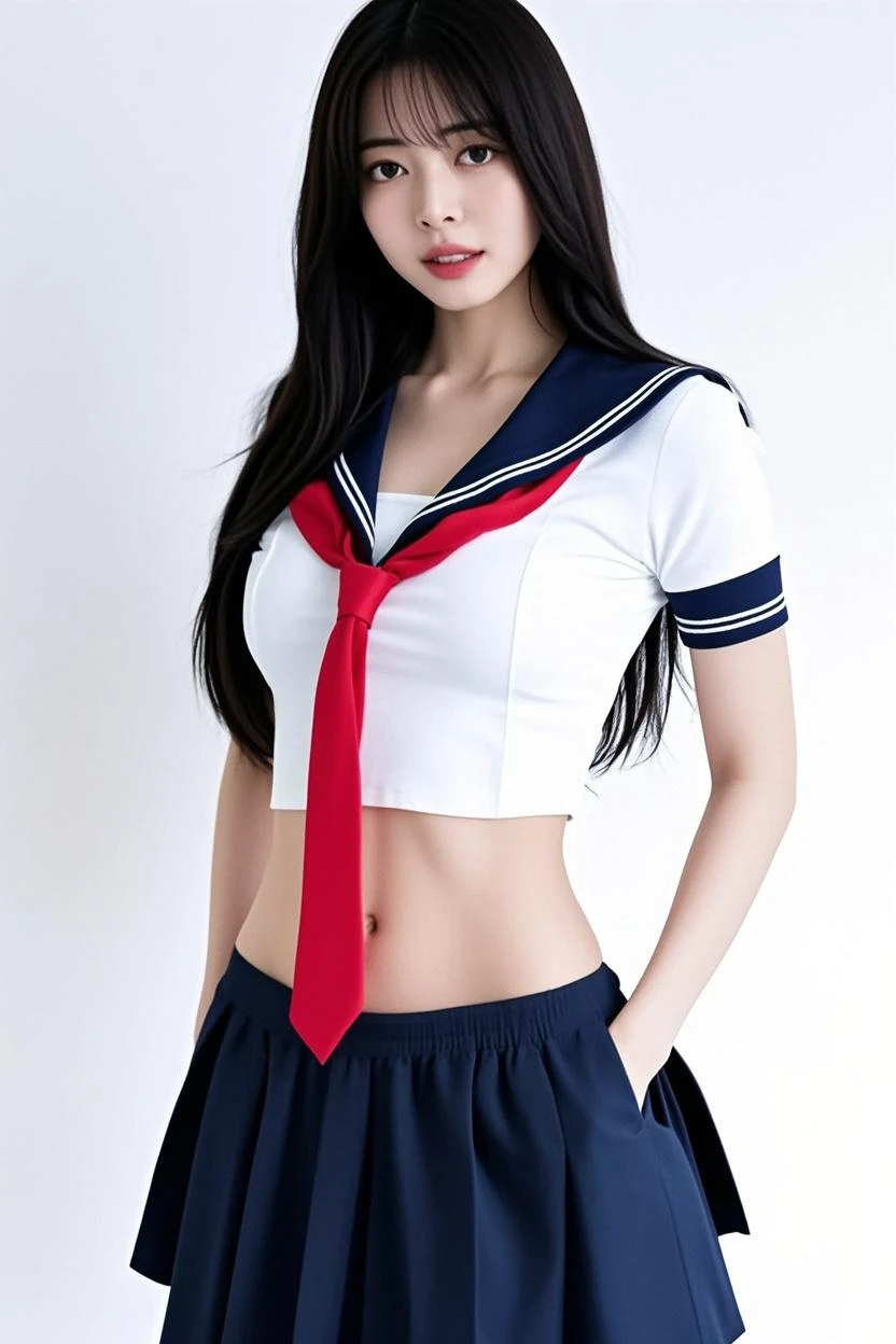 score_9, score_8_up, score_7_up,
1girl,blue eyes,blue hair,breasts,closed mouth,crop top,crop top overhang,earrings,from below,hair ribbon,jewelry,large breasts,long hair,looking at viewer,navel,no bra,ribbon,sailor collar,serafuku,shirt,solo,stomach,underboob,