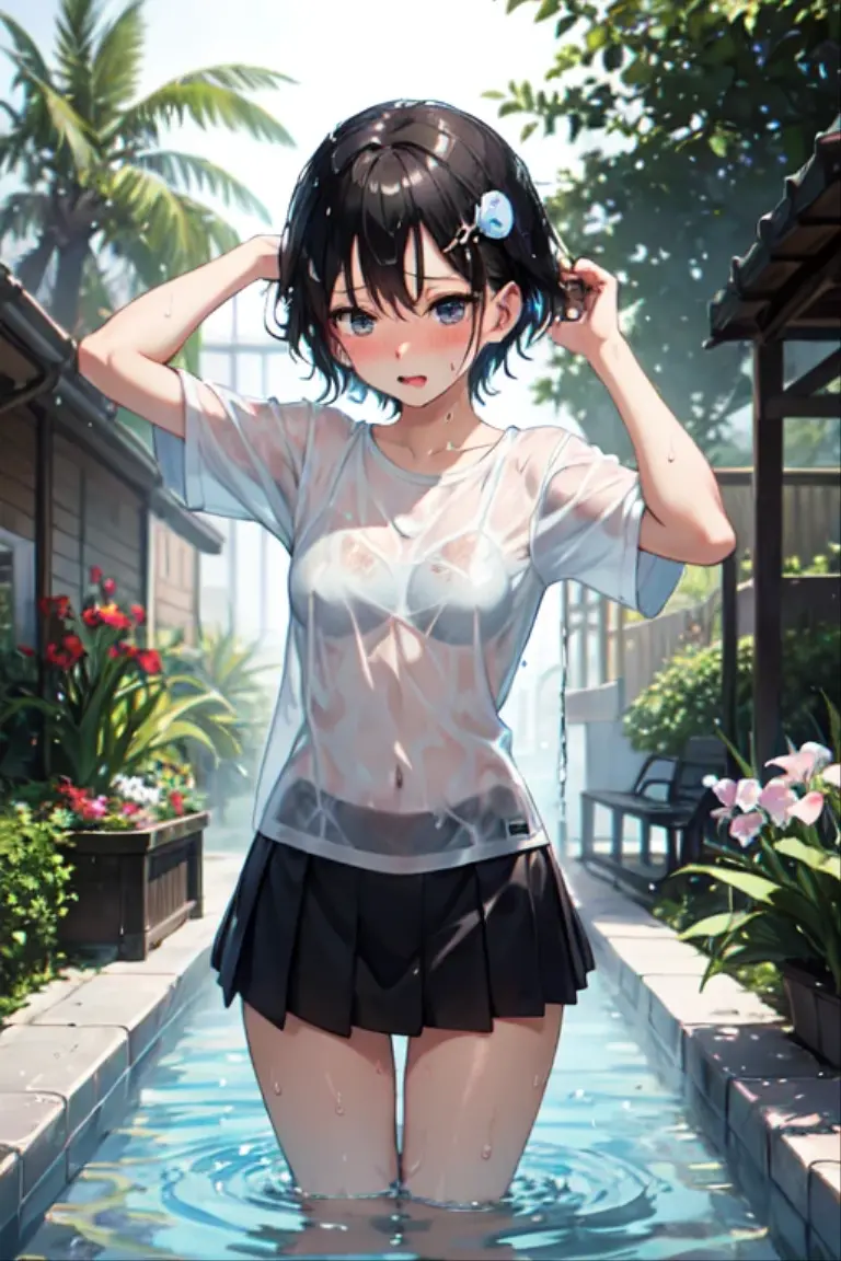 ((Highest quality)), ((masterpiece)), ((detailed)), (4K), 1girl, 独奏, black hair, bob cut, white t-shirt, Good, micro shorts, short shorts, leaning forward, large breasts, naughty face, looking at viewer, (from above), town, rain, wet, see through