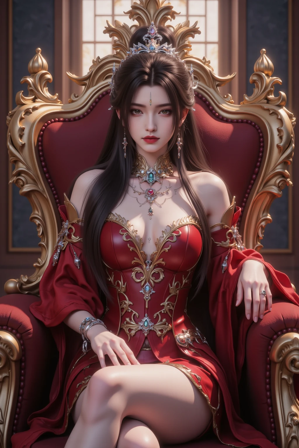 （Front Focus），（in the darkness nigth：1.6），Surrealist portraits of women by David Hockney and Alphonse Mucha，((ultra gigantic tits))、((Upper body naked))、( Exposed)、((Throne of the Demon King))，Fantasyart，((short hair with red wavy))、((ox’s horn))、((Black feathers))、Jet Black Queen、((Demon King Red and Gold Dress、Dresses with less fabric))、photographrealistic，动态照明，art  stations，poster for，Volumetriclighting，extra detailed face，4 k''，((Colossal tits))、Beautifully embroidered award-winning gold and red sexy demon lord dress，With diamonds，Sexy thighs，Decorated with fine embroidered dress costumes and fine jewelry，exposing the abdomen ,Chest 1 Girl, In the Dark, deepshadow, low tune, Cowboy Shot,(official clothing:1.4), The eyes are confused and seductive，legs separated