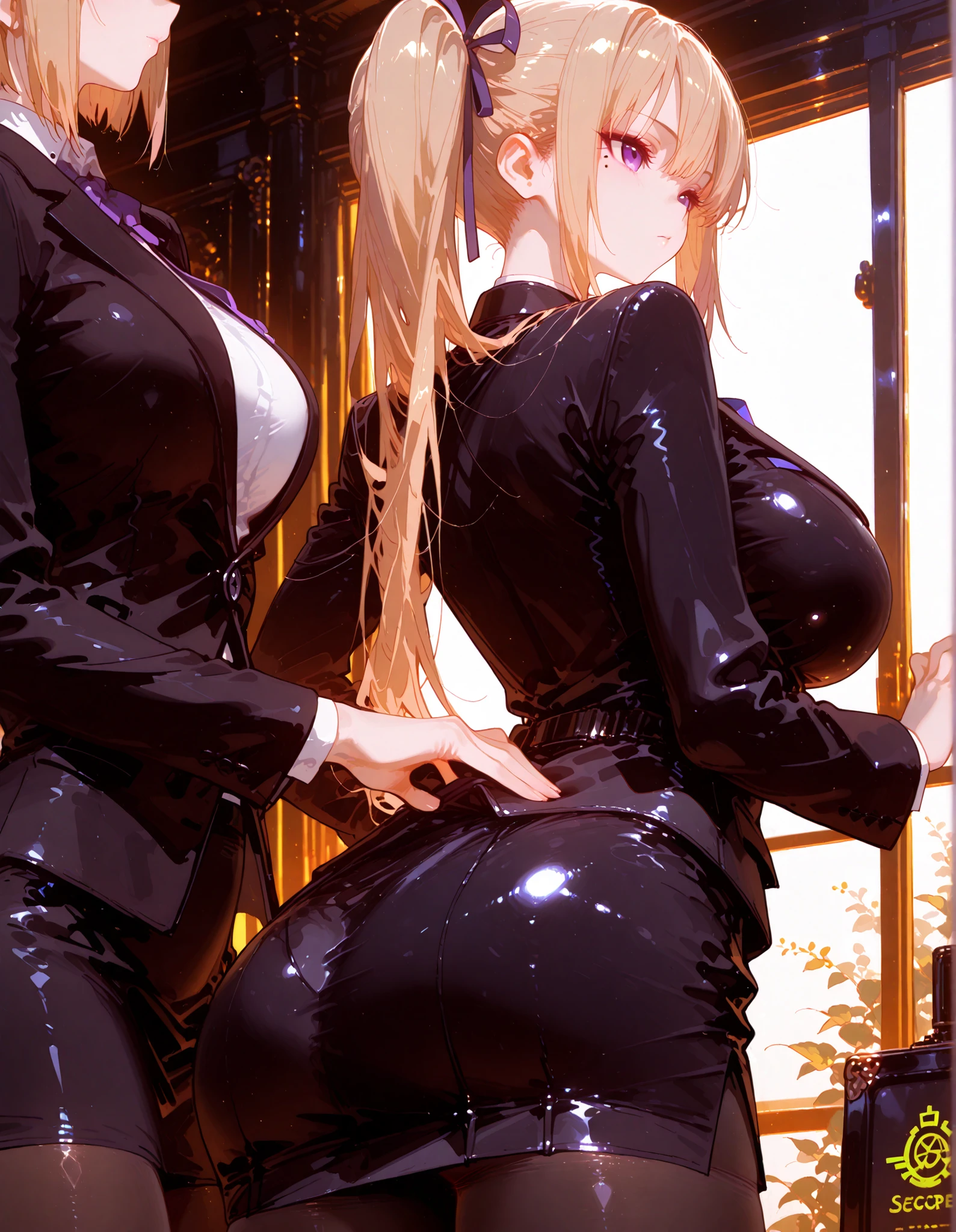 (masutepiece, Best Quality, 8K, Sharp Focus, depth of fields, Best Shadows, perfect lights, nffsw, Realistic skin texture, hyper detailed background, Detailed), Anime style, 2 women kissing (One of them has green eyes, White skin, Black hair and ponytail, Choker, (Huge :1.5), slim, makeup, eye line, Glitter), (Other women have blonde hair), in the nightclub, cyberpunk theme, Cyberpunk City.