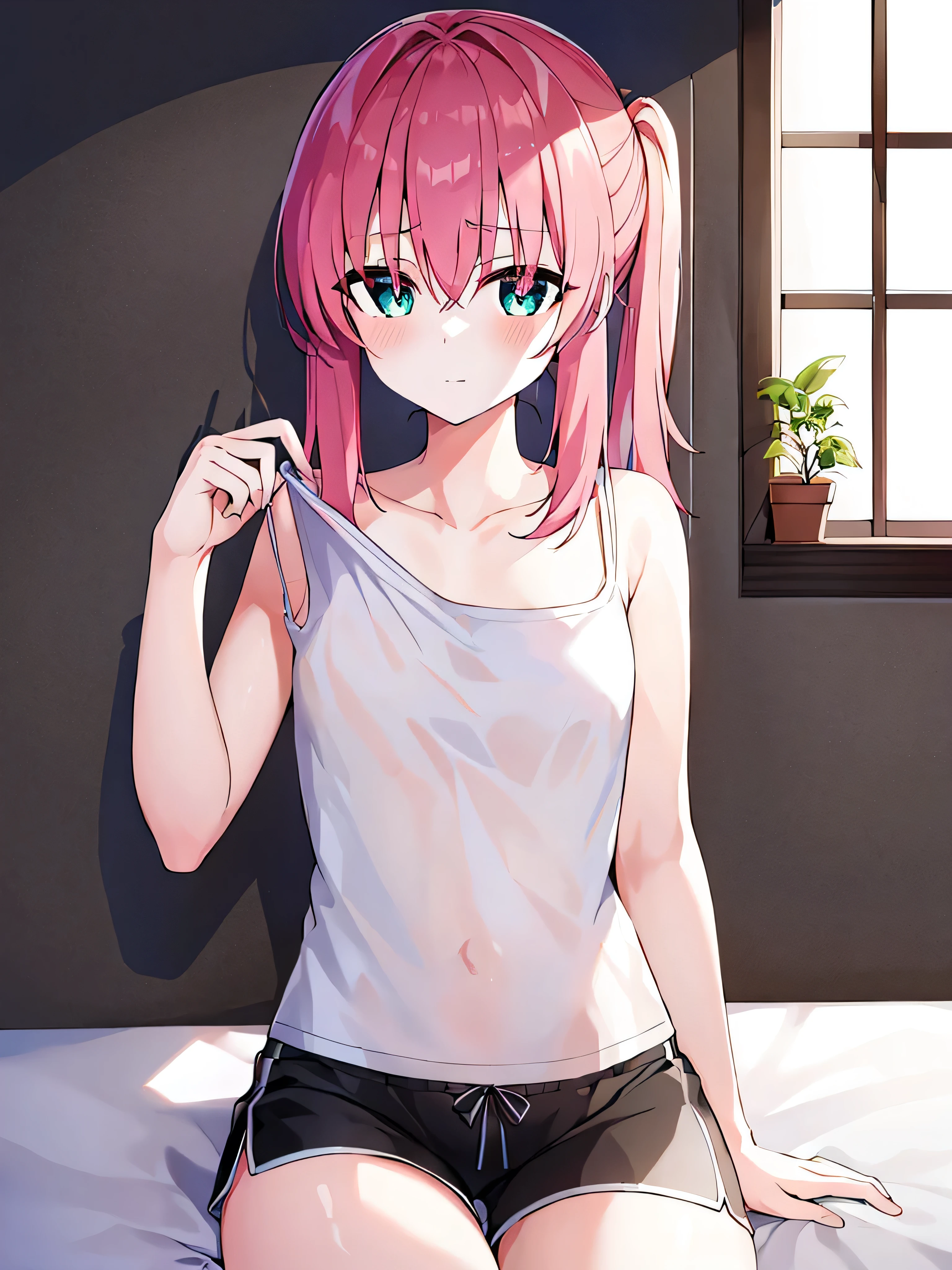gasai yuno, white cardigan, black jersey, denim skirt, mini-skirt, collarbone BREAKS red eyes, breasts big, black choker, (tilt your head:0.8), ssmile, arms behind the back, plein-air, NSFW, masturbating, touching your breasts 