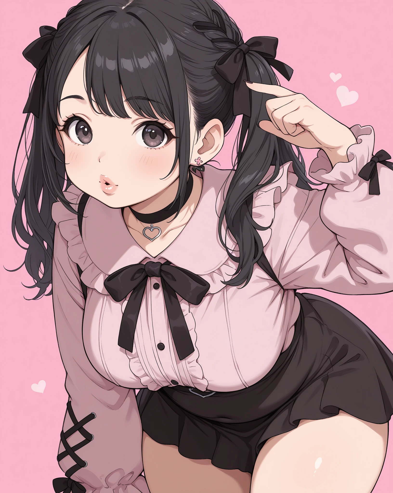 Mimi is an adult with black hair tied up into twintails with pink hair bows. She has straight bangs. She has pink eyes. She has big breasts and shiny oiled skin. She wears a gyaru inspired outfit with a pink cardigan, white mini skirt, black tights, white legwarmers, and loafer shoes. She had an evil grinning expression. She is short. She has long pink nails. Cute background. Sparkles. She is a domme. Low angle, hentai