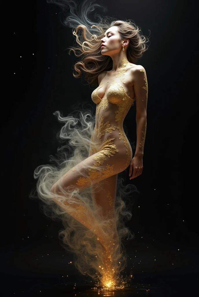 ((Digital painting of the full-length silhouette of a beautiful, beautiful and unique model of particles of liquid primary and secondary colors, which reflects the ambient light in vivid and cheerful tones, emphasis on its serene expression, vivid shadows of particles of earth and sand, soft playing on his features. Black, very intense and dark background that contrasts and accentuates the beautiful silhouette of the model of a beautiful, beautiful and unique particle model of liquid primary and secondary colors, detailed hair with discernible individual strands. Capturing light and texture, high resolution, mysticism+coherent and ultra-realistic))