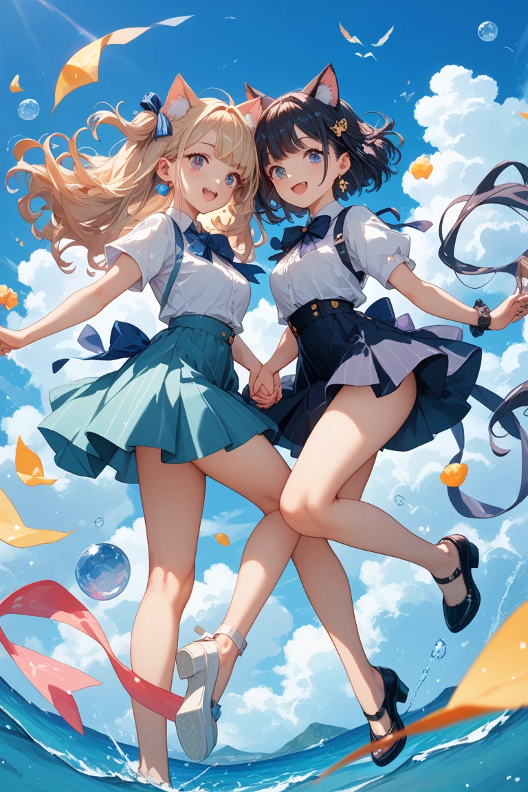 Four middle school girls with pigtails. wearing black skirts with white shirts. At the beach. Backs turned. Looking down Arms up in the air. Small thighs. waist. High quality.