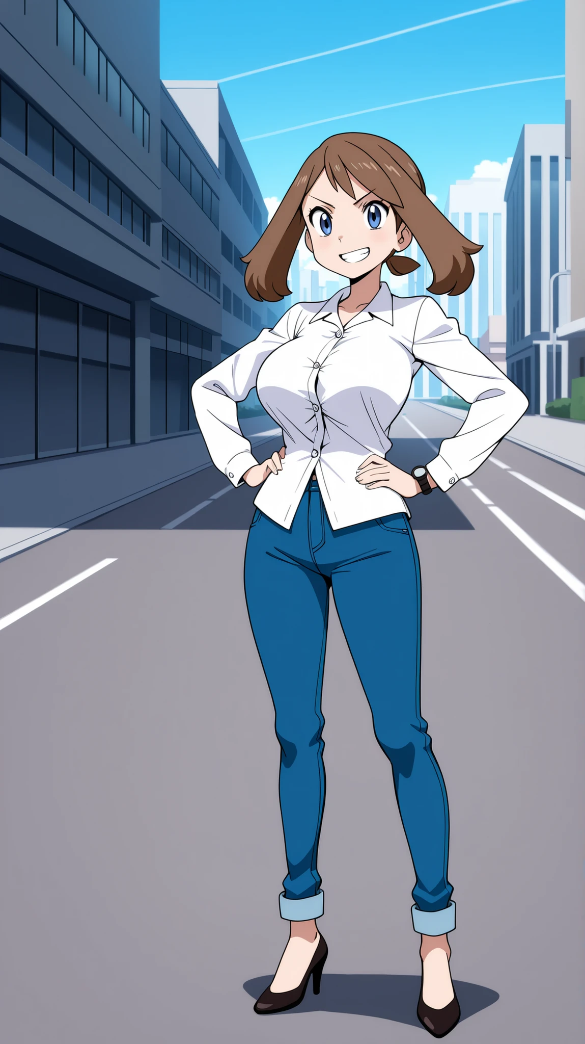 adult older sister, Tall, left hands on hips, career woman, bare hands, white long sleeve button shirt, Open the hem of a buttoned shirt, blue jeans, Black High Heels, ((anime screenshot, anime cong, )) SapphireBirchILXL, ((top quality)), ((masterpiece)), ((details)), solo, 1girl, two legs, two arms, anime coloring book, 1 woman, Age 18, Full Body, sexy design character, slim sexy body that can be licked by mobs, Brown hair color , twin tails, blue eyes, big boobs, A determined smile, teeth, Watch Viewers, at 19:45, City, Sidewalk, May, (\Pokémon\), score_9, score_8_excellent, score_7_excellent, score_6_excellent, Source_anime, cell shading, Flat Color, vector,