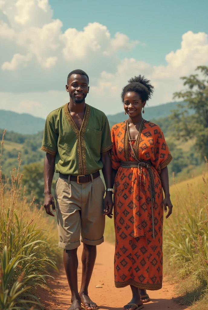 une belle africaine se promenant dans la foret avec un chef coutumier qui lui sert de guide