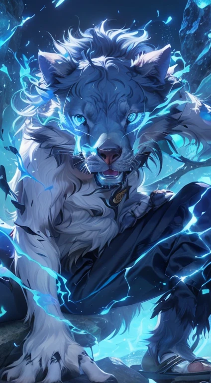 (masterpiece, 4k ,ultra detailed:1.2),(fantasy:1.2),illustration,(realistic:1),(photorealistic:1), (Volileopard, the champion from League of Legends:1.6), (white hair,very long fur:1.6),(roaring with open mouth:1.3),(white leopard with blue eyes and a glowing light on its face:1.4), (musculous body,blue rays coming out of eyes,rays surrounding around,giant leopard:1.3), (forest, night, lighted mushrooms, fireflies:1.2),