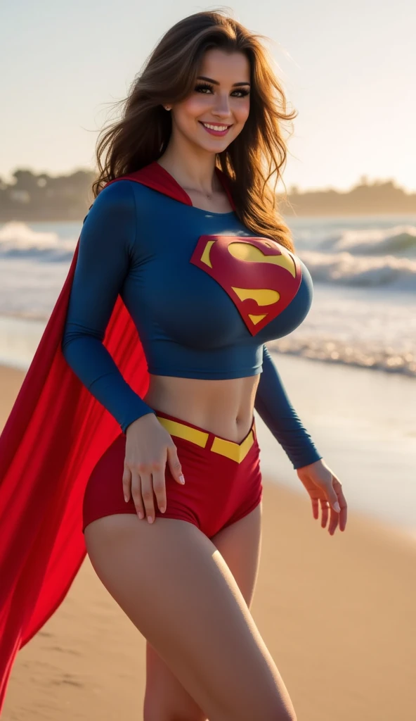 Dc’s Supergirl wearing a skimpy Supergirl outfit, beautiful girl, nsfw, thick thighs, busty, cleavage, not safe for work, nipples, perfect vagina, trimmed pussy hair, thick pubic hair, dark inspired makeup, able to see nipples & pussy through clothing, beach background, oiled, daylight,