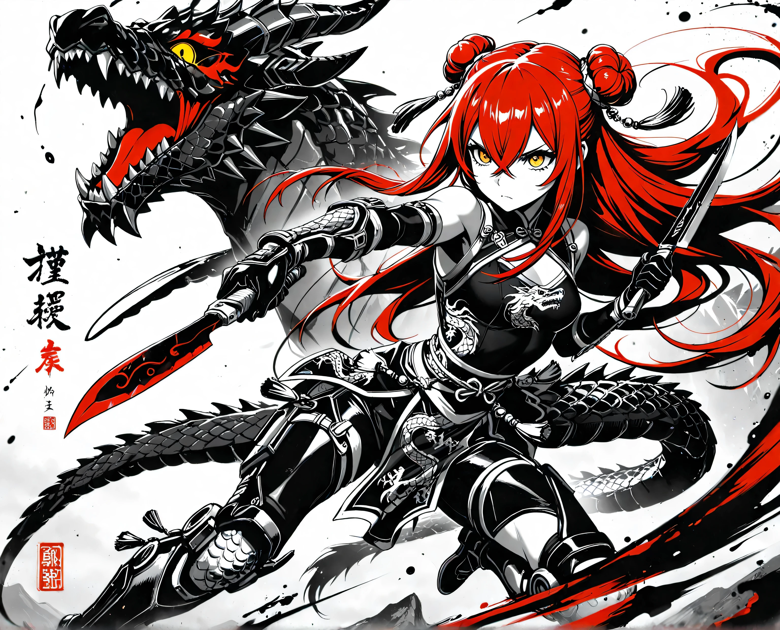 (Masterpiece), (best quality), (expressive eyes), (perfect face), (8k), (extreme detail), (illustration), (absurdres), (highres), (ultra detailed),1 girl , golden eyes , very long hair , long sidelocks, red hair , petite , very cute , beautiful ,Straight hair, cool, handsome, hair between eyes, mediumlarge breast, fused with dragon, dragon motif, double bun, crossed bangs, tassels, (red/black scales), (scaly exoskeleton), (dragon print), (dragon tail), (triad member), (Chinese assassin), (cute little killer), (trained to kill), (serious), (action pose), (holding knife), (poison-tipped knife), (red poison), (red venom), Dark color, greyscale, ink \(medium\)