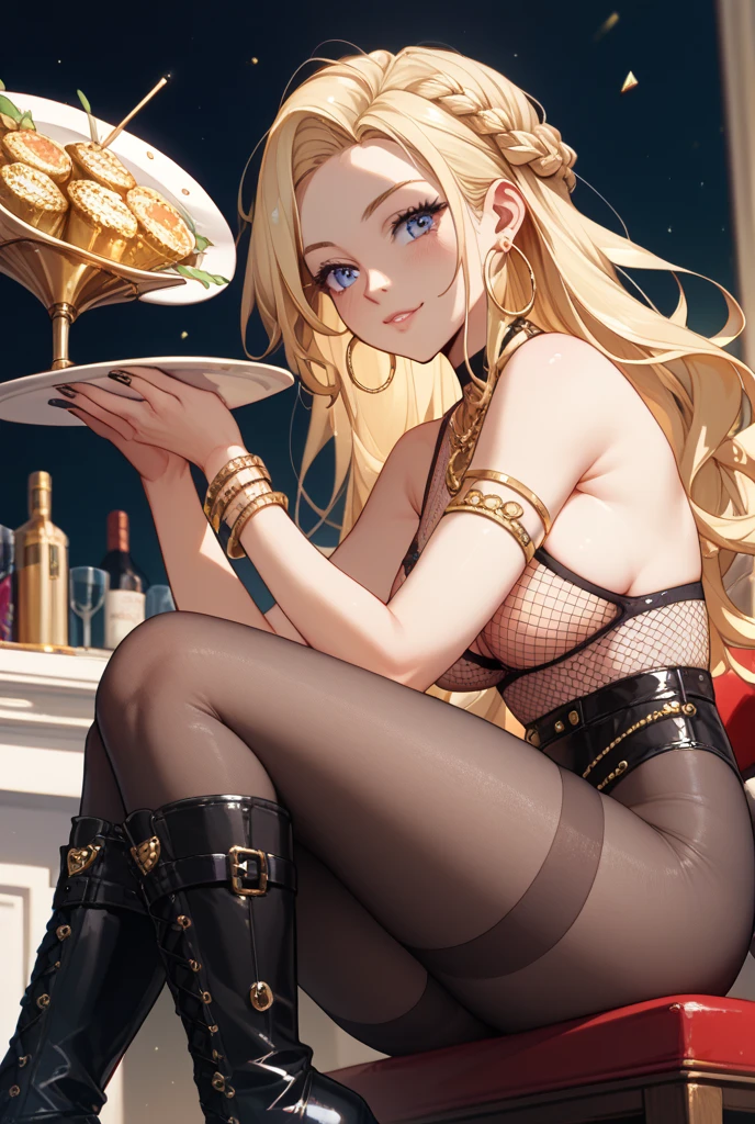 (small breasts:1.2), (perky chest:1.2), (pointed chest:1.2), (Pudding cake magazine cover:1.3),(from above:1.0),(shoot from the side:1.1),masterpiece, 1girl, Amazing Cleavage:1.1, thin waist, optimum,tmasterpiece,hight resolution,best qualtiy,hyper HD,super detailing,awardwinning,a 18yo cute girl,(The upper part of the body),anatomy correct,Beautiful Black miniskirt,garters,Gaze,Small face,bangss,holster,Beautuful Women,hands up,leg holster,Gaze,black boots,Cowboy Shot,cute face,a blond,Longhaire,Twin-tailed,Braids, Hairline,（scarlet eyes）,long eyelasher,Hanging eye corners,White skin of the, ((see through camisole:1.1)), ((Sheer nipples:1.0)),Rocket Tits,(Slim body),smile,seductive weak smiling,(with sparkling eyes and a contagious smile),little open mouth, Looking at Viewer,
