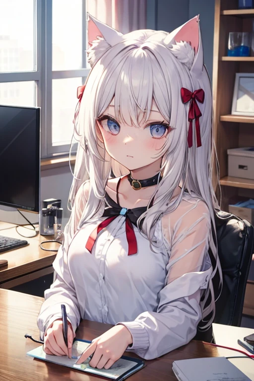 masterpiece,highest quality, Super detailed, High resolution, expensive resolution, HDR, 4k, 8K, unity 8k wallpaper, Super detailed CG, masterpiece, photo-realistic, 2D, 3D, beautiful details, depth, fine texture , super fine: 1.3, Fully focused, Crispy.skin, .he,
Very cute anime girl with Silver long hair wearing expensive , one girl,he女の名前はレイ ラ、 smile、alone, Silver long hair, animal ears, cat ears, Idol、可愛らしいIdol衣装、computer、disk、mole under the eye, looking at the viewer , expensive , blush, mole, cat ears, parted lips, hair ornaments, heart, pink eyes, choker