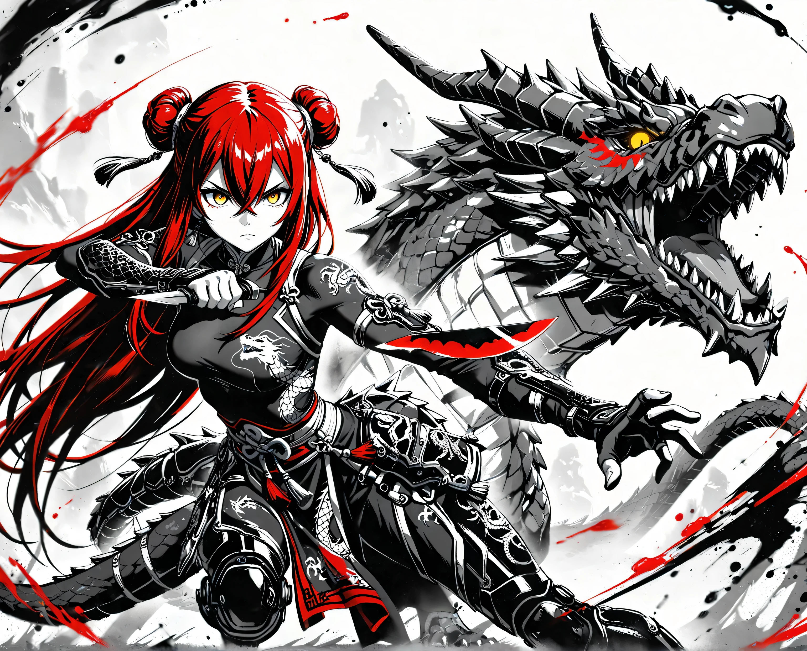(Masterpiece), (best quality), (expressive eyes), (perfect face), (8k), (extreme detail), (illustration), (absurdres), (highres), (ultra detailed),1 girl , golden eyes , very long hair , long sidelocks, red hair , petite , very cute , beautiful ,Straight hair, cool, handsome, hair between eyes, mediumlarge breast, fused with dragon, dragon motif, double bun, crossed bangs, tassels, (red/black scales), (scaly exoskeleton), (dragon print), (dragon tail), (triad member), (Chinese assassin), (cute little killer), (trained to kill), (serious), (action pose), (holding knife), (poison-tipped knife), (red poison), (red venom), Dark color, greyscale, ink \(medium\)