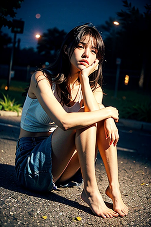 1girl, hugging own legs, on floor, street, alley, from side, looking at viewer,, masterpiece, best quality, highly detailed