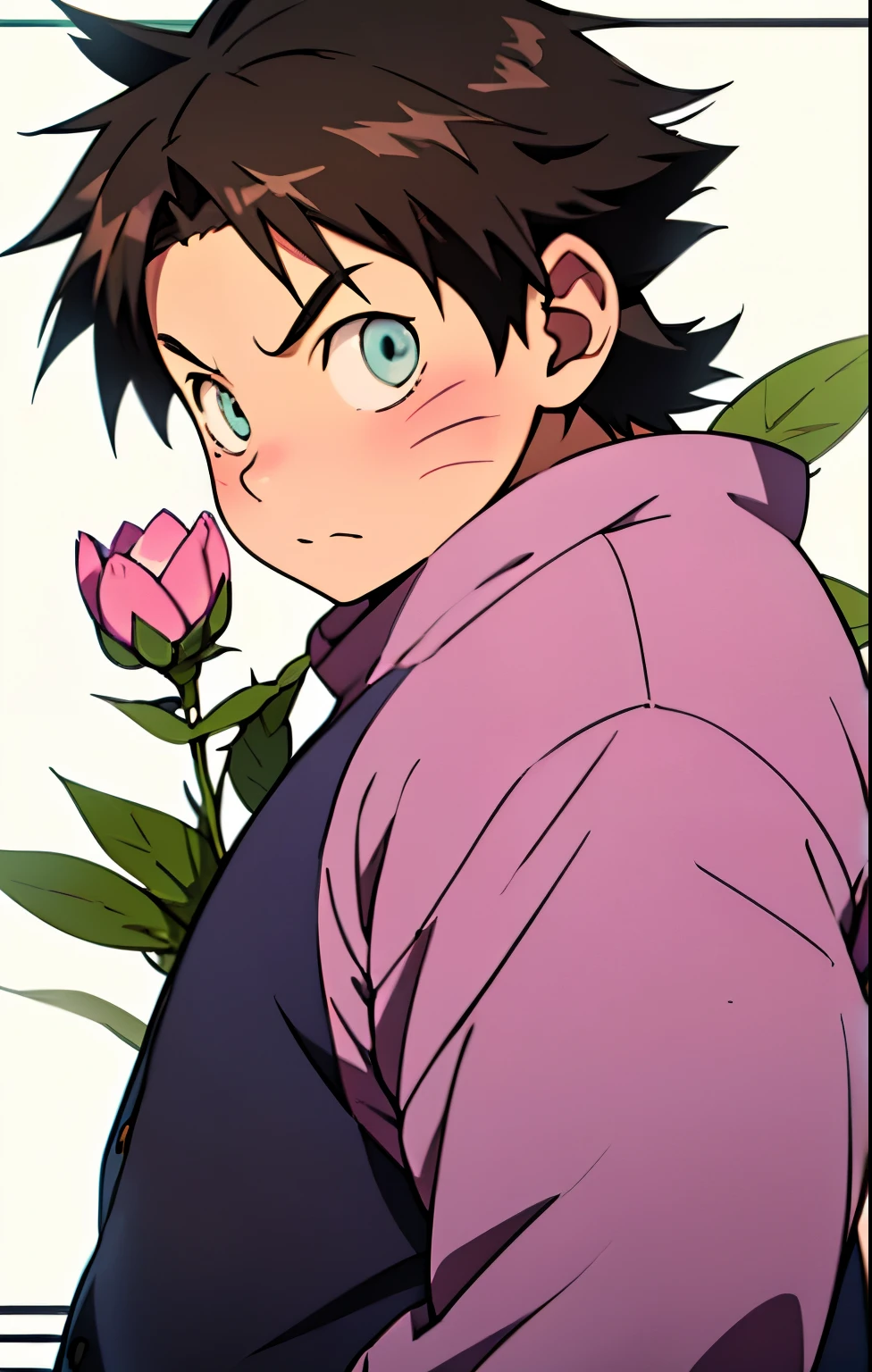 Create an anime-style illustration of Haruyuki Arita from Accel World, reimagined as a Genin from the Akimichi clan in the Naruto universe. He is a charming and confident age ninja, with a soft, round face and expressive eyes that reflect determination and kindness. His body is slightly chubby, in line with the proud physique of the Akimichi clan, but he carries himself with self-assurance and pride. A cute anime-style illustration of Haruyuki Arita from Accel World, dressed up for a spring festival inspired by the Naruto universe. He looks excited and a little shy, holding a bouquet of flowers and a stack of pink heart-shaped cards. Around him, lots of hearts , ((SOLO))
