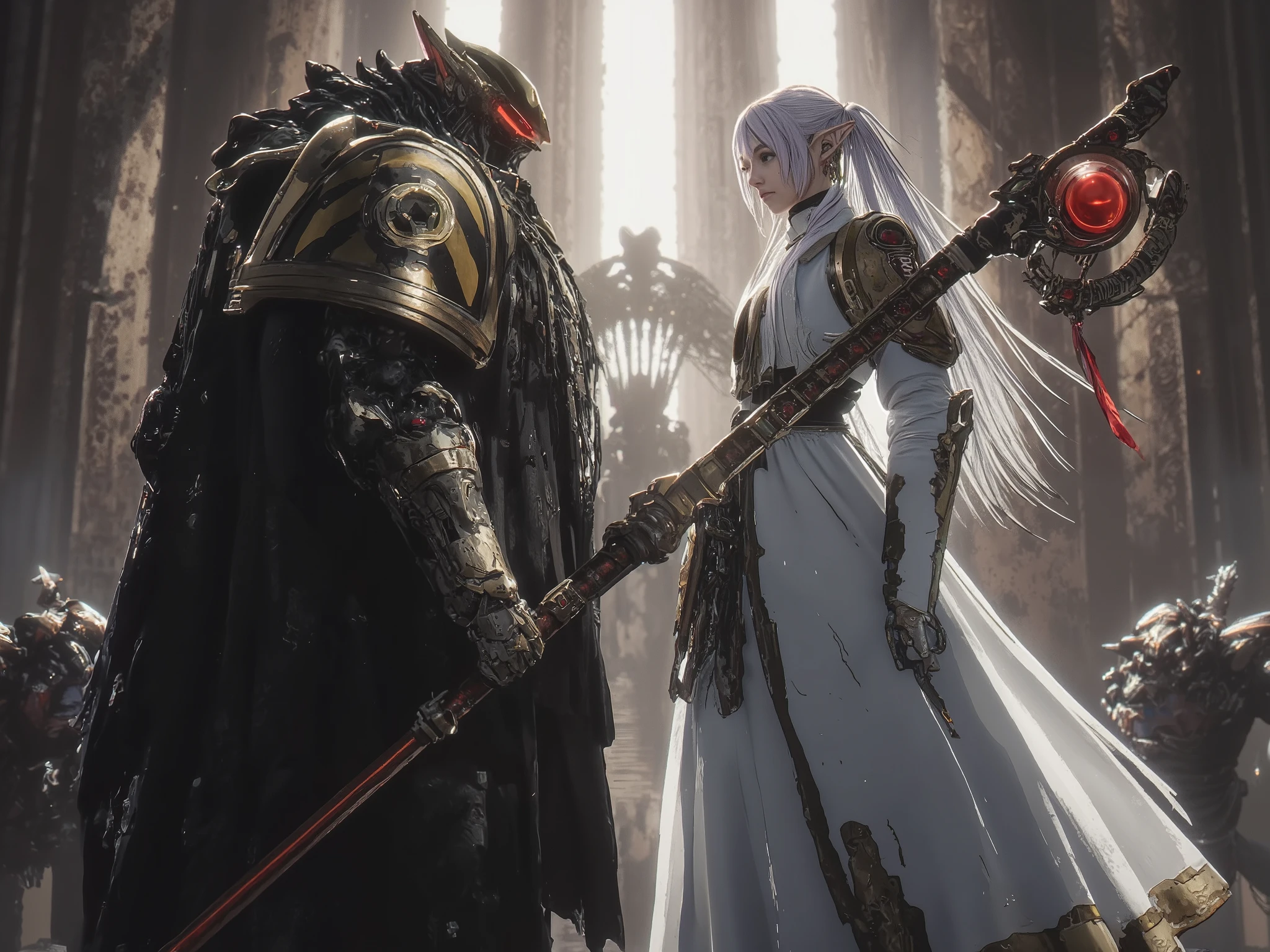 IronW40k,frieren, 1girl,(best Quality),(dynamic dutch angle:1.5), (Unparalleled Masterpiece), (IronW40k's armor) ,create upper body shot of IronW40k and Frieren from Frieren: Beyond Journey's End,(Image of Frieren and IronW40k facing each other), ,cinematic, highly detailed Frieren's white clothes,holding a cane with a red round stone,, backlight effect by eerie light , multi-layer textures , Depth of Field, Maximum clarity and sharpness, Beautiful Composition,For best quality, images should be UHD and in sharp focus,,score_9, score_8_up, score_7_up, score_6_up, score_5_up, score_4_up,