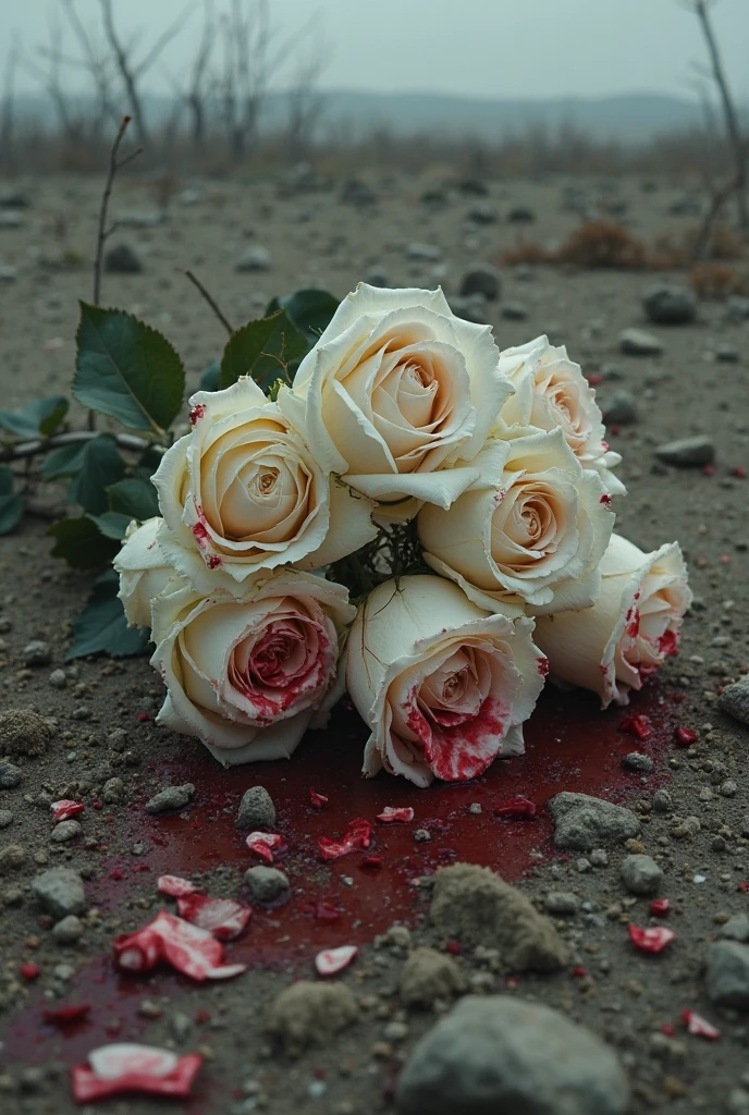 A white rose with black ones covered in blood lying on the floor