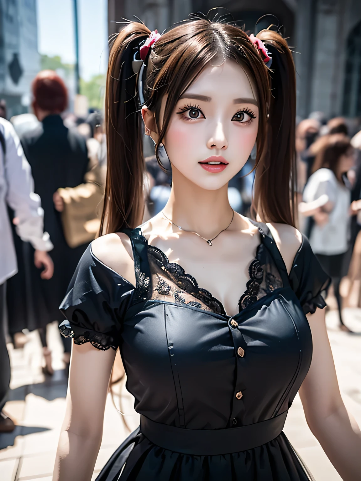((16K)),((masterpiece:1.3)), ((Highest quality)), ((Ultra-high resolution)), (Very detailed), (Realistic, photoRealistic:1.4), Perfect lighting,((Side light)), Written boundary depth, Surrealism,No makeup, Film Grain, chromatic aberration, Sharp focus, Face Light,((Beautiful detailsまでこだわった髪)),((Beautiful eyelashes)), Beautifully detailed face, ((Beautiful Hair)),Beautiful details, Beautiful clavicle, Beautiful body, Thin legs,Beautiful breasts, Beautiful legs, ((Detailed and carefully drawn hand)), Cleavage, Perfect Anatomy, Supermodel with a long neck,((Skinny1.3)),23 years old,Looking into the camera,(Perfect Anatomy,Anatomically correct, Very detailed肌), Glowing Skin,((pale skin)),((beautiful girl:1.1)),(( large breasts :1.5)),shiny hair,((two side up)),(Medium Hair:1.4, Wavy Hair:1.2, Black Hair) ,((Hime cut:1.1)),Dainty facial structure,((Close your eyes and smile:1.4)),((holding breast:1.3)),((from above)),(((wearing jirai fashion, shiny black satin, high neck, short dress with many frills,(( pink Lace)), micro mini skirt, bow ribbon)))+, ((super large breasts)), ((see-through black thighhighs ))+,(( Create a vibrant and detailed image of Akihabara at night:1.5)), Akihabara,showcasing its iconic neon-lit streets,((The scene should feature tall buildings adorned with colorful neon signs:1.4)), ((electronic billboards1.5)), and advertisements, casting a bright,(( multi-colored glow over the bustling street below:1.3)), ((The sidewalks are filled with people)), ((some in unique fashion styles like "jirai kei" or cosplay)), reflecting the eclectic and lively atmosphere of the area,((The overall mood should be energetic and slightly futuristic, capturing the essence of Tokyo's famous Electric Town)), neon lights and holographic advertisements illuminating the scene,((wide shot:1.5 ),
