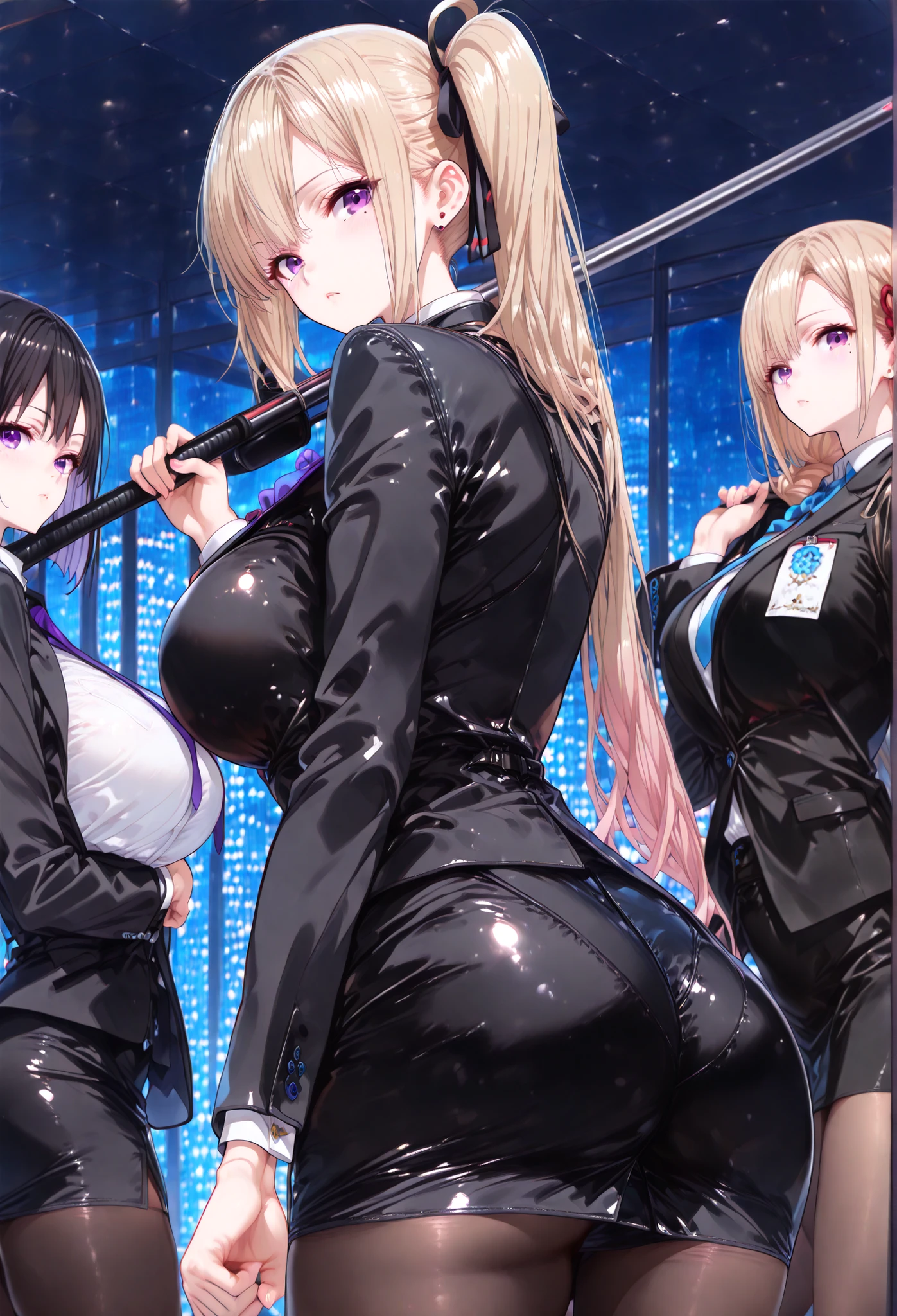 score_9, score_8_up, score_7_up, source_anime, 4K,perfect fingers,(perfect hands, perfect anatomy),prefect lighting, very aesthetic, intricate details,highly detailed background, masterpiece, high quality, best quality,
1 Girls,mai kawakami, blonde hair, hair ribbon, long hair, mole, mole under eye, ribbon, side ponytail, purple eyes, ((large breast:1.5)),
wearing ((Black business suit,  ((short skirt:1.2)), tights, )),,
From Back, ((looking over shoulder)), ((looking at viewer:1.1)),