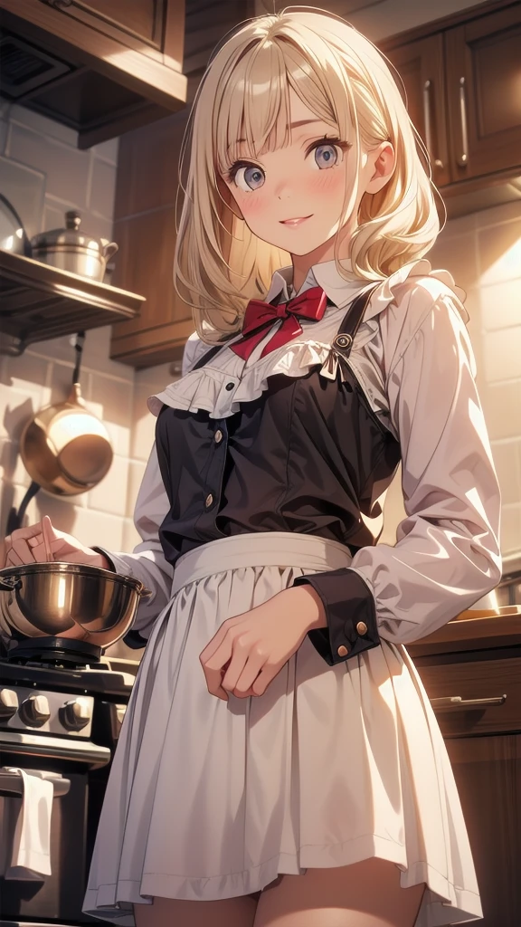 A maid, (in kitchen), various hair styles, night, details face, short skirt, seducing, sleeveless, maid uniform, armpits, elf