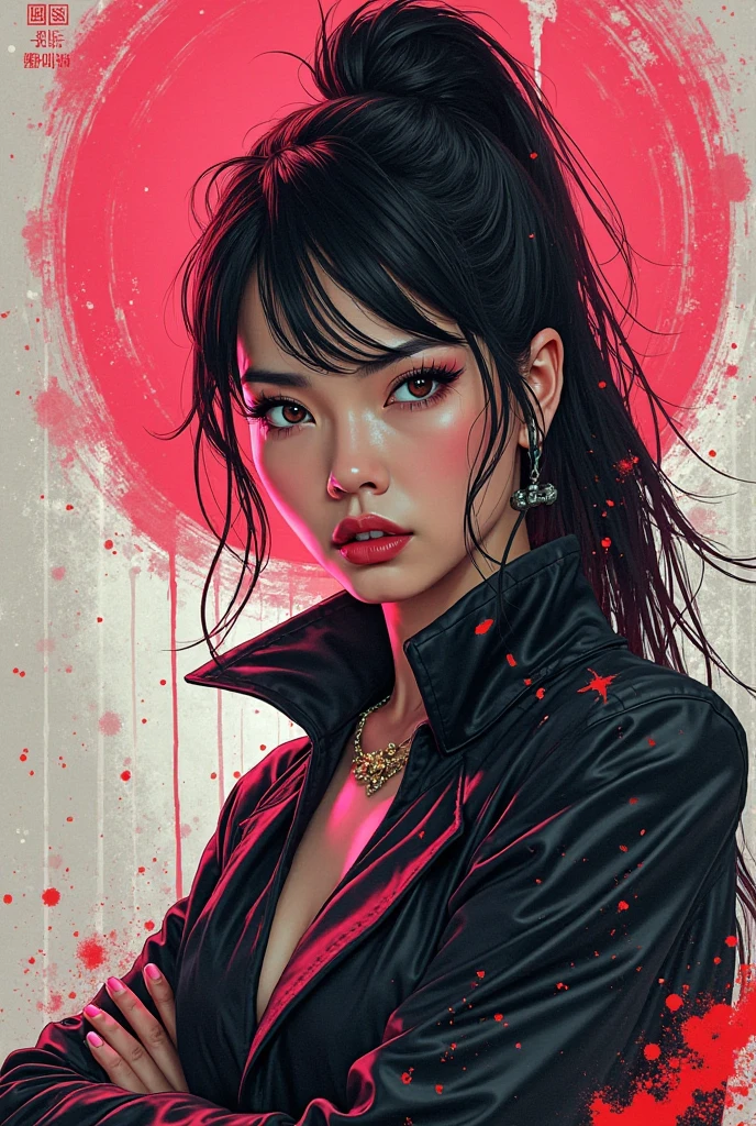 a woman with black hair wearing a leather jacket, inspired by rossdraws, gothic art, wadim kashin. ultra realistic, artwork in the style of guweiz, artstyleunknown, alejandro burdiso style art, vivid colors, gloss skin