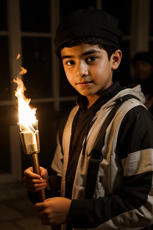 The boy shows a fire that says Nasrullah