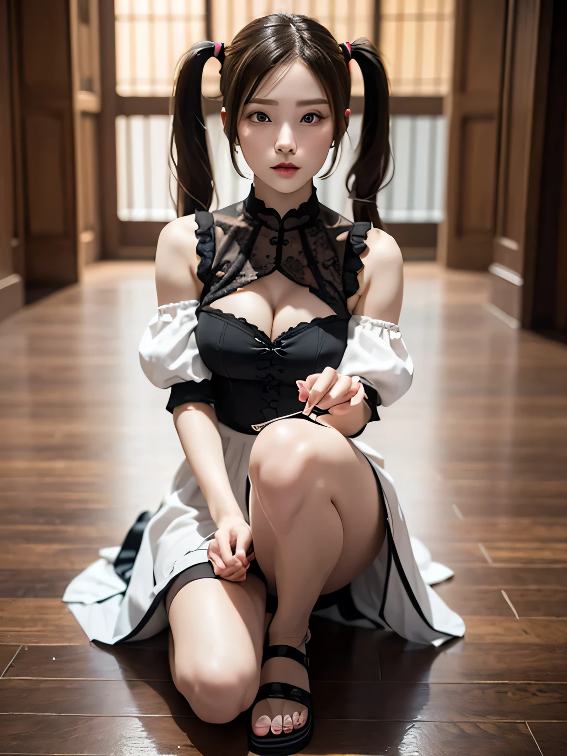 An anime girl posing for photos on a blurred dark background f1.2. Masterpiece, ( Girl Makes Ultra Realistic Cosplay Of A Sexy Anime Character) (Sexy Maid Outfit, Black Eyes, Hair Up Down, Neckline, Short Skirt With Lace, Sexy Anime Maid Dress, Slim Waist Sexy Thick Legs) ultra HD, 8k, photography style, sexy, 100% realistic textures. Cool colors like movie at night,  cinematic, best quality, professional realistic photography style. 