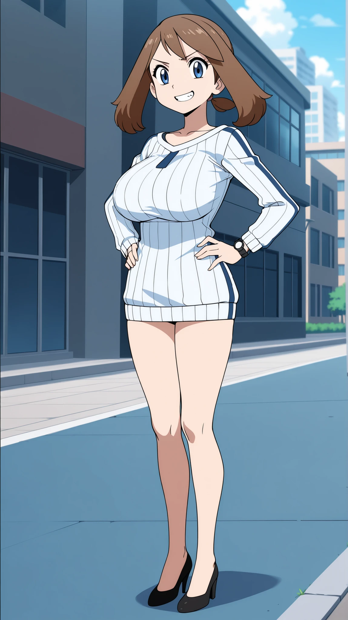 adult older sister, Tall, left hands on hips, bare hands, long sleeve vertical stripe sweater, Beautiful legs, thighs, Beautiful legs, Black High Heels, ((anime screenshot, anime cong, )) SapphireBirchILXL, ((top quality)), ((masterpiece)), ((details)), solo, 1girl, two legs, two arms, anime coloring book, 1 woman, Age 18, Full Body, sexy design character, slim sexy body that can be licked by mobs, Brown hair color , twin tails, blue eyes, big boobs, A determined smile, teeth, Watch Viewers, at 19:45, City, Sidewalk, May, (\Pokémon\), score_9, score_8_excellent, score_7_excellent, score_6_excellent, Source_anime, cell shading, Flat Color, vector,